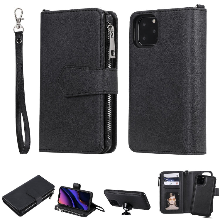For iPhone 11 Pro 2 in 1 Solid Color Zipper Shockproof Protective Case with Card Slots & Bracket & Photo Holder & Wallet Function