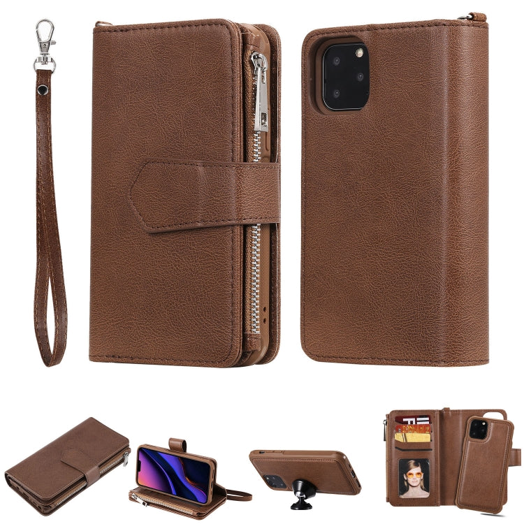 For iPhone 11 Pro 2 in 1 Solid Color Zipper Shockproof Protective Case with Card Slots & Bracket & Photo Holder & Wallet Function