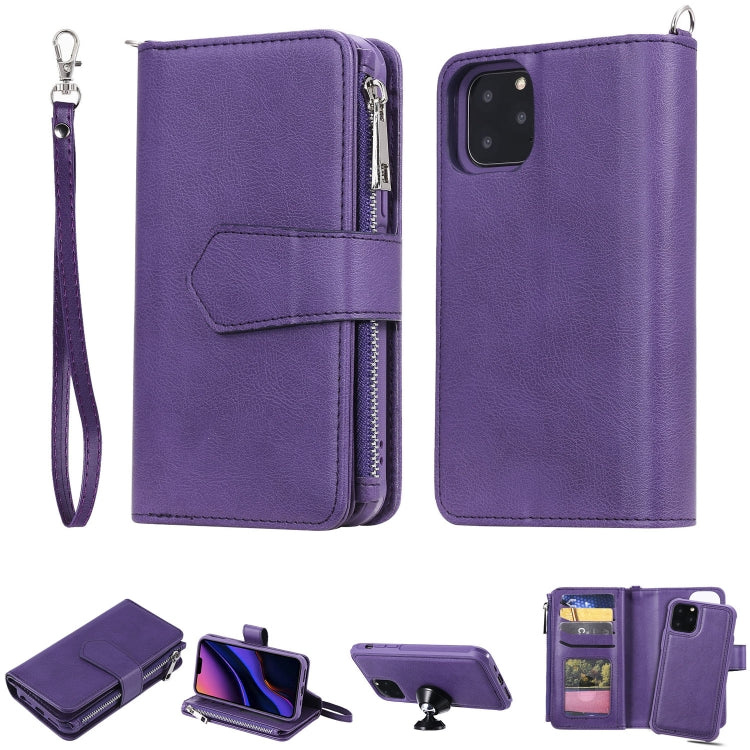 For iPhone 11 Pro 2 in 1 Solid Color Zipper Shockproof Protective Case with Card Slots & Bracket & Photo Holder & Wallet Function