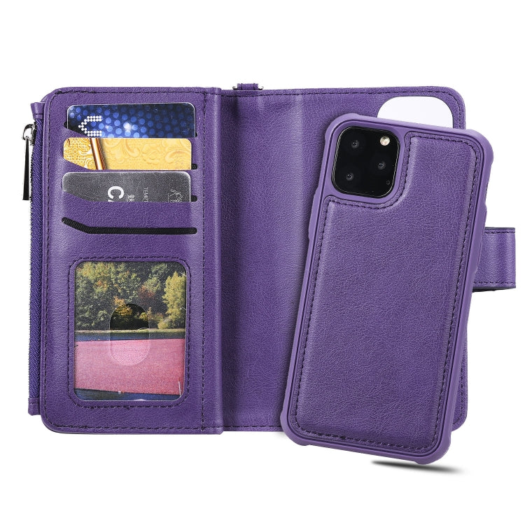 For iPhone 11 Pro 2 in 1 Solid Color Zipper Shockproof Protective Case with Card Slots & Bracket & Photo Holder & Wallet Function