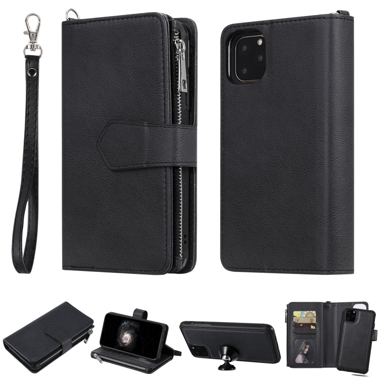 For iPhone 11 Pro Max 2 in 1 Solid Color Zipper Shockproof Protective Case with Card Slots & Bracket & Photo Holder & Wallet Function