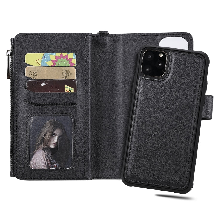 For iPhone 11 Pro Max 2 in 1 Solid Color Zipper Shockproof Protective Case with Card Slots & Bracket & Photo Holder & Wallet Function