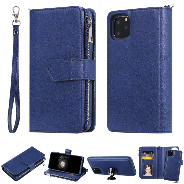 For iPhone 11 Pro Max 2 in 1 Solid Color Zipper Shockproof Protective Case with Card Slots & Bracket & Photo Holder & Wallet Function