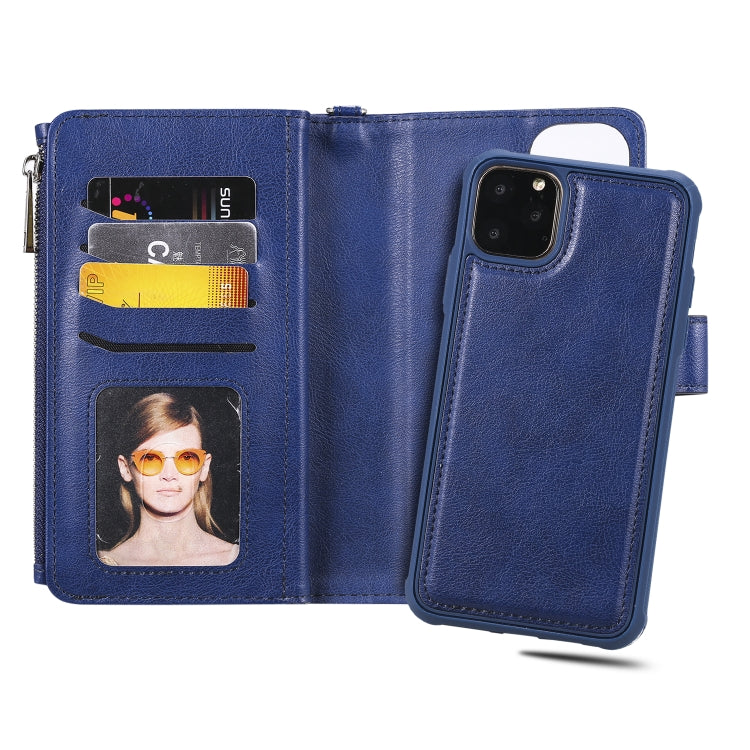 For iPhone 11 Pro Max 2 in 1 Solid Color Zipper Shockproof Protective Case with Card Slots & Bracket & Photo Holder & Wallet Function