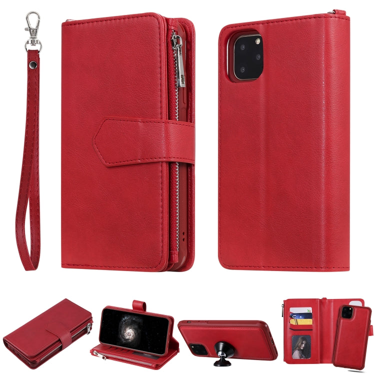 For iPhone 11 Pro Max 2 in 1 Solid Color Zipper Shockproof Protective Case with Card Slots & Bracket & Photo Holder & Wallet Function