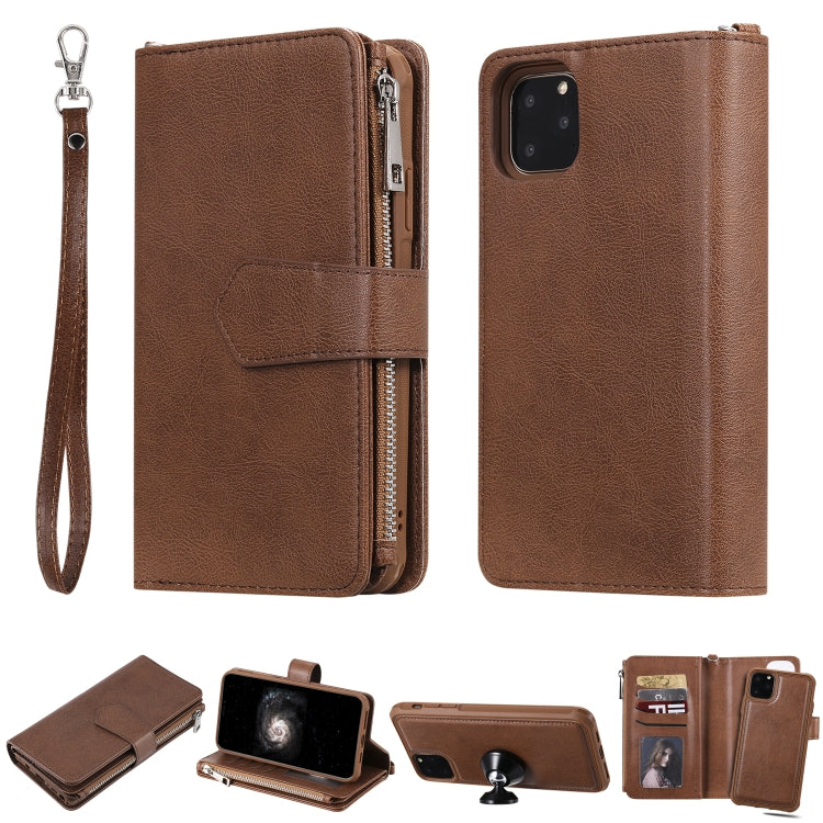 For iPhone 11 Pro Max 2 in 1 Solid Color Zipper Shockproof Protective Case with Card Slots & Bracket & Photo Holder & Wallet Function