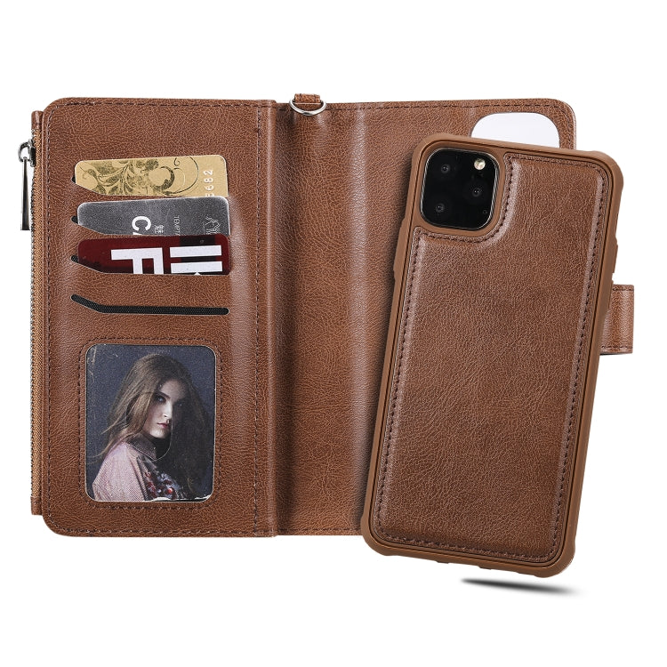 For iPhone 11 Pro Max 2 in 1 Solid Color Zipper Shockproof Protective Case with Card Slots & Bracket & Photo Holder & Wallet Function