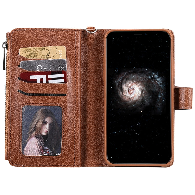 For iPhone 11 Pro Max 2 in 1 Solid Color Zipper Shockproof Protective Case with Card Slots & Bracket & Photo Holder & Wallet Function
