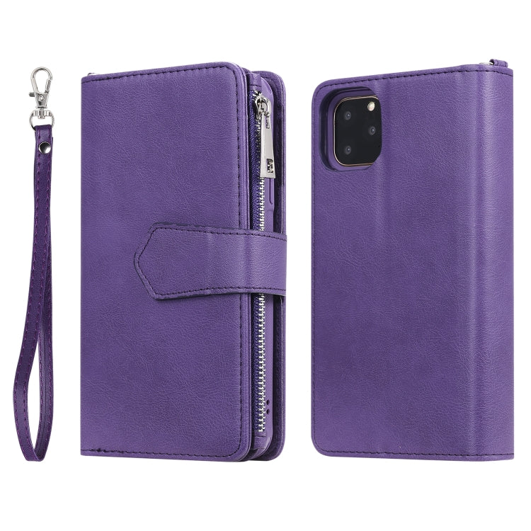 For iPhone 11 Pro Max 2 in 1 Solid Color Zipper Shockproof Protective Case with Card Slots & Bracket & Photo Holder & Wallet Function