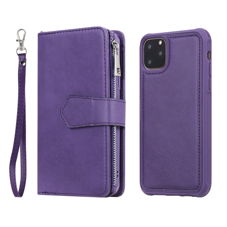 For iPhone 11 Pro Max 2 in 1 Solid Color Zipper Shockproof Protective Case with Card Slots & Bracket & Photo Holder & Wallet Function