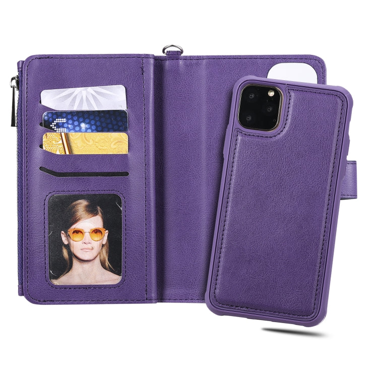 For iPhone 11 Pro Max 2 in 1 Solid Color Zipper Shockproof Protective Case with Card Slots & Bracket & Photo Holder & Wallet Function