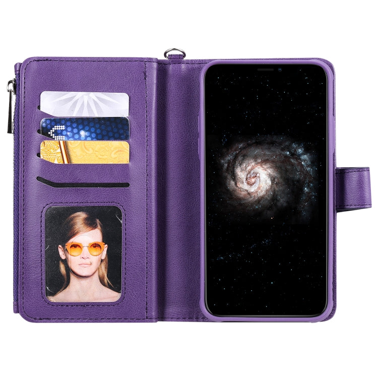 For iPhone 11 Pro Max 2 in 1 Solid Color Zipper Shockproof Protective Case with Card Slots & Bracket & Photo Holder & Wallet Function