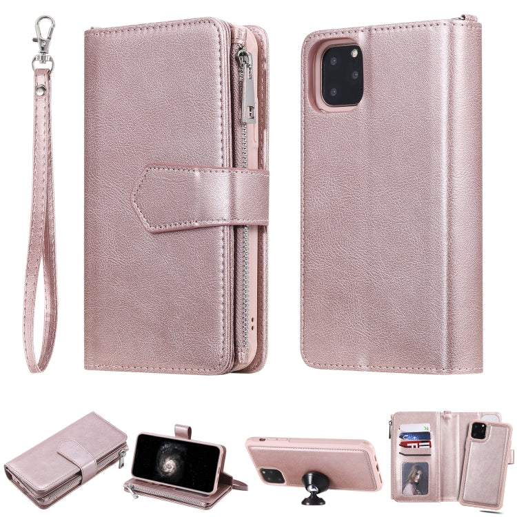For iPhone 11 Pro Max 2 in 1 Solid Color Zipper Shockproof Protective Case with Card Slots & Bracket & Photo Holder & Wallet Function