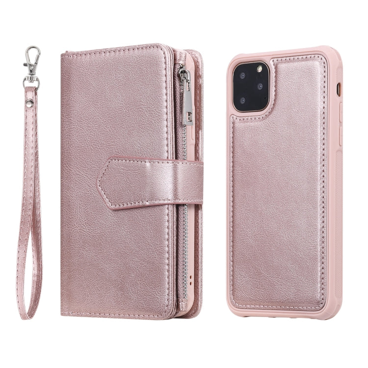 For iPhone 11 Pro Max 2 in 1 Solid Color Zipper Shockproof Protective Case with Card Slots & Bracket & Photo Holder & Wallet Function