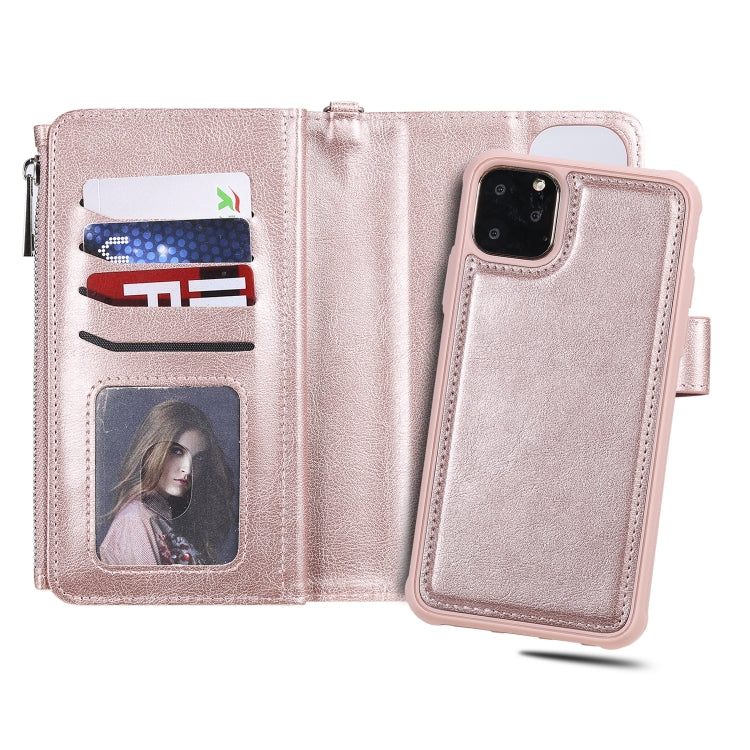 For iPhone 11 Pro Max 2 in 1 Solid Color Zipper Shockproof Protective Case with Card Slots & Bracket & Photo Holder & Wallet Function