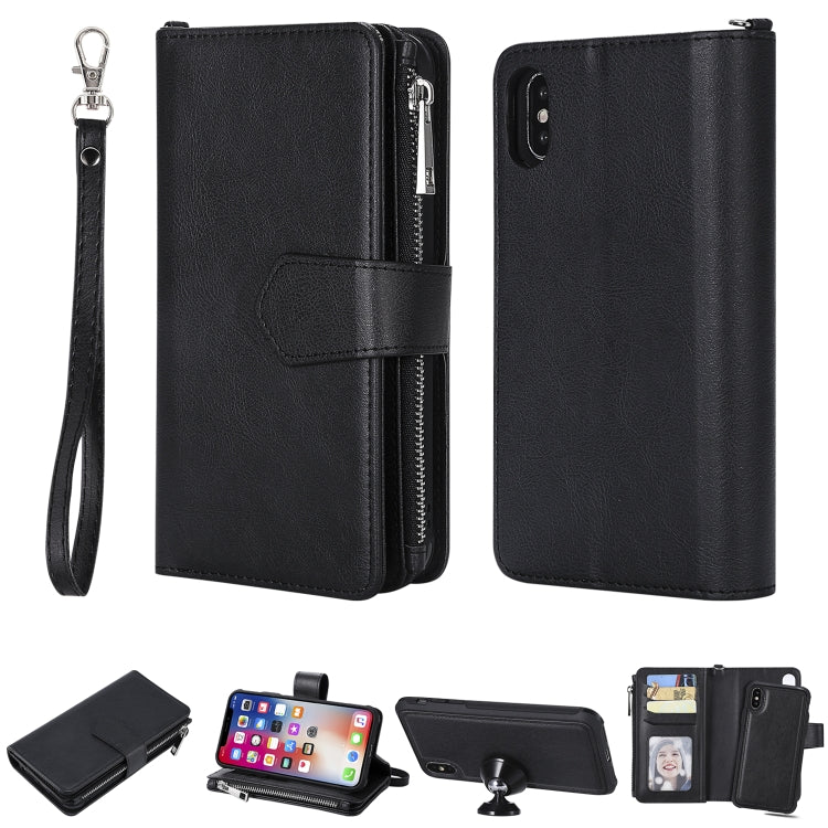 For iPhone X / XS 2 in 1 Solid Color Zipper Shockproof Protective Case with Card Slots & Bracket & Photo Holder & Wallet Function