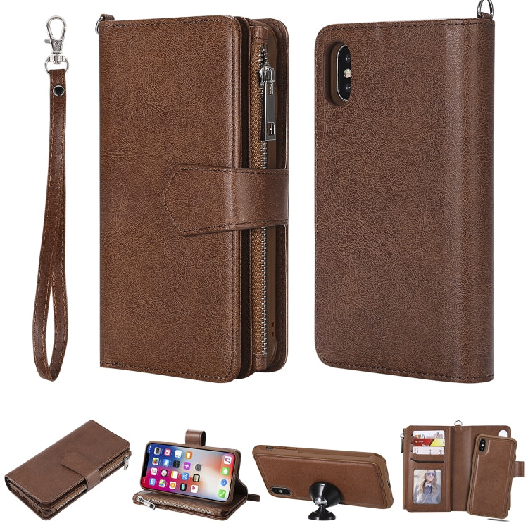 For iPhone X / XS 2 in 1 Solid Color Zipper Shockproof Protective Case with Card Slots & Bracket & Photo Holder & Wallet Function