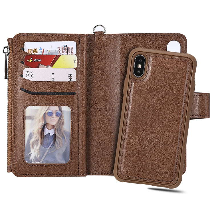 For iPhone X / XS 2 in 1 Solid Color Zipper Shockproof Protective Case with Card Slots & Bracket & Photo Holder & Wallet Function