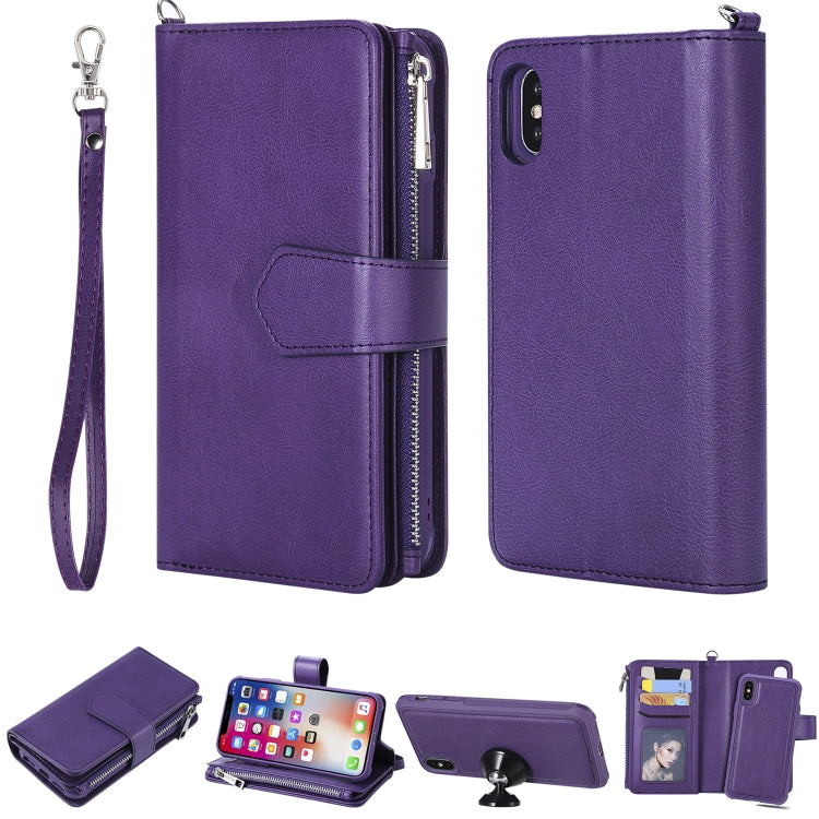For iPhone X / XS 2 in 1 Solid Color Zipper Shockproof Protective Case with Card Slots & Bracket & Photo Holder & Wallet Function