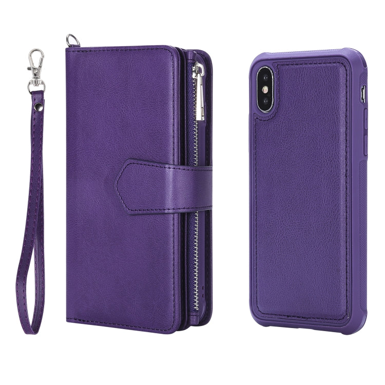 For iPhone X / XS 2 in 1 Solid Color Zipper Shockproof Protective Case with Card Slots & Bracket & Photo Holder & Wallet Function