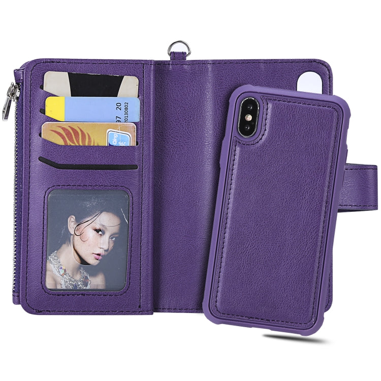 For iPhone X / XS 2 in 1 Solid Color Zipper Shockproof Protective Case with Card Slots & Bracket & Photo Holder & Wallet Function
