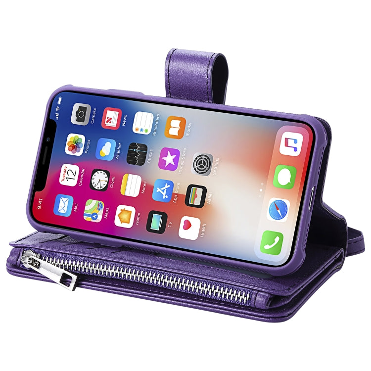 For iPhone X / XS 2 in 1 Solid Color Zipper Shockproof Protective Case with Card Slots & Bracket & Photo Holder & Wallet Function