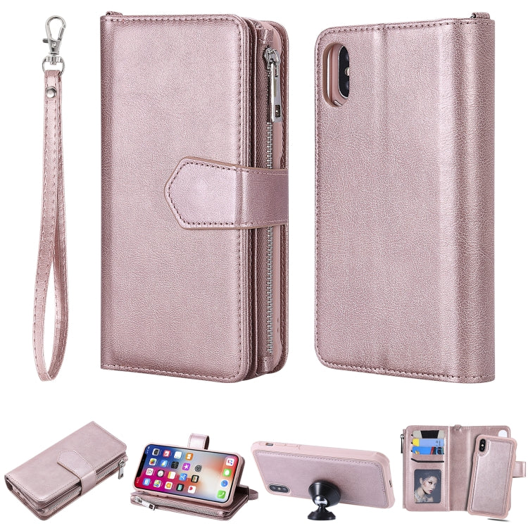 For iPhone X / XS 2 in 1 Solid Color Zipper Shockproof Protective Case with Card Slots & Bracket & Photo Holder & Wallet Function