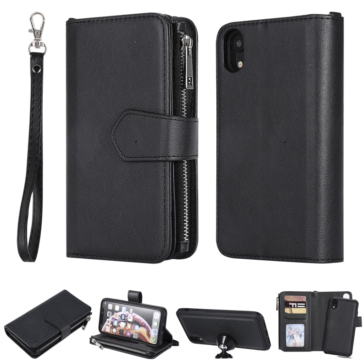 For iPhone XR 2 in 1 Solid Color Zipper Shockproof Protective Case with Card Slots & Bracket & Photo Holder & Wallet Function
