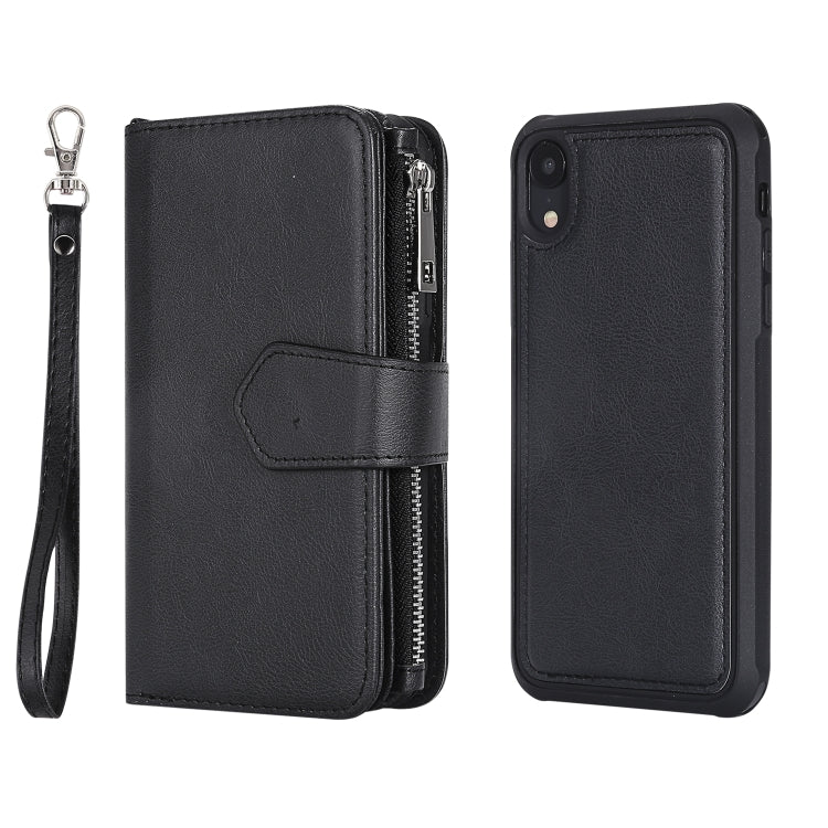 For iPhone XR 2 in 1 Solid Color Zipper Shockproof Protective Case with Card Slots & Bracket & Photo Holder & Wallet Function