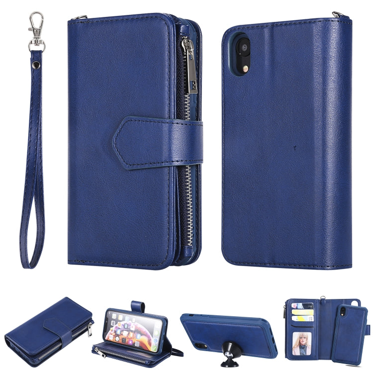 For iPhone XR 2 in 1 Solid Color Zipper Shockproof Protective Case with Card Slots & Bracket & Photo Holder & Wallet Function