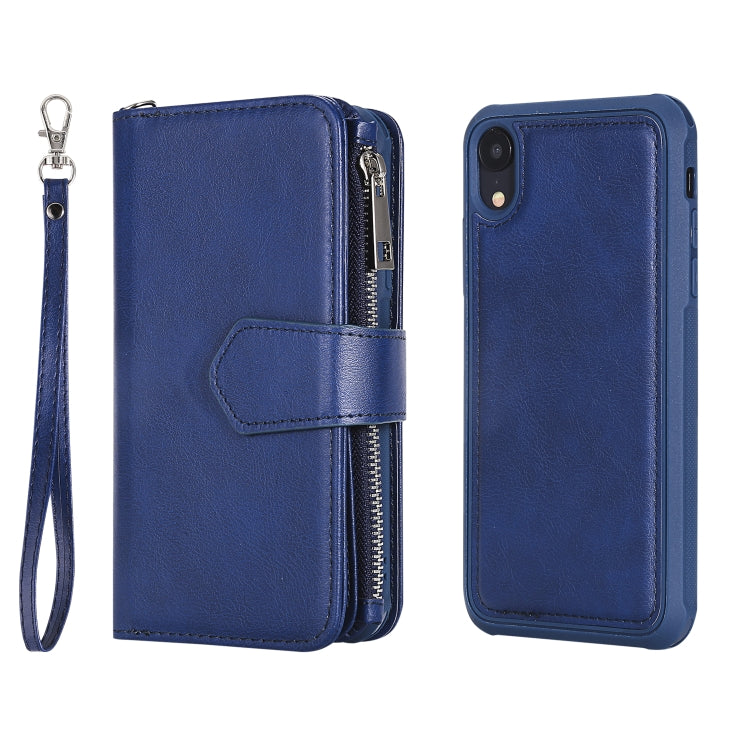 For iPhone XR 2 in 1 Solid Color Zipper Shockproof Protective Case with Card Slots & Bracket & Photo Holder & Wallet Function