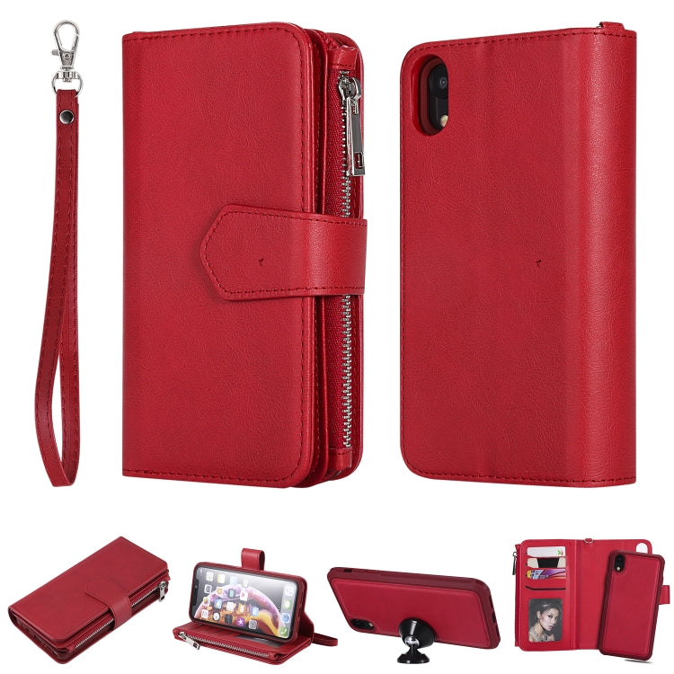 For iPhone XR 2 in 1 Solid Color Zipper Shockproof Protective Case with Card Slots & Bracket & Photo Holder & Wallet Function