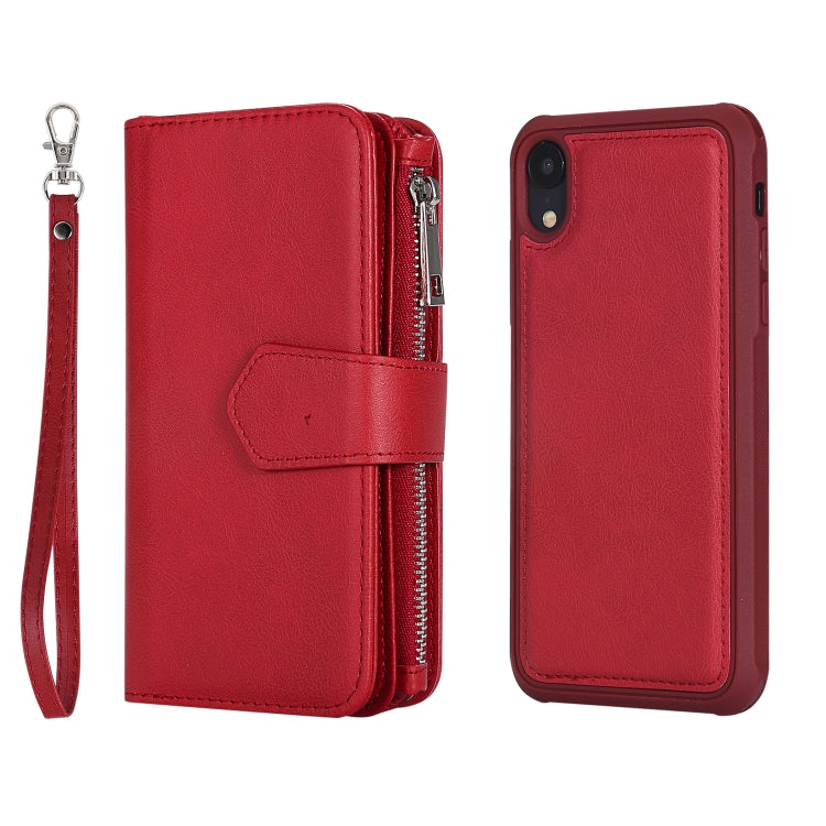 For iPhone XR 2 in 1 Solid Color Zipper Shockproof Protective Case with Card Slots & Bracket & Photo Holder & Wallet Function
