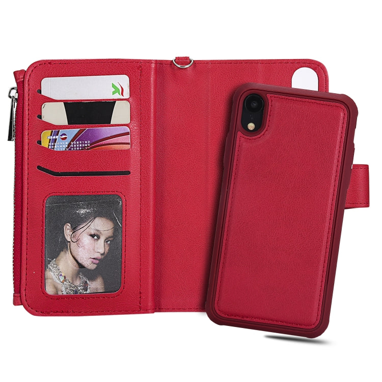 For iPhone XR 2 in 1 Solid Color Zipper Shockproof Protective Case with Card Slots & Bracket & Photo Holder & Wallet Function