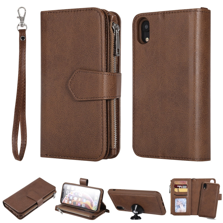 For iPhone XR 2 in 1 Solid Color Zipper Shockproof Protective Case with Card Slots & Bracket & Photo Holder & Wallet Function