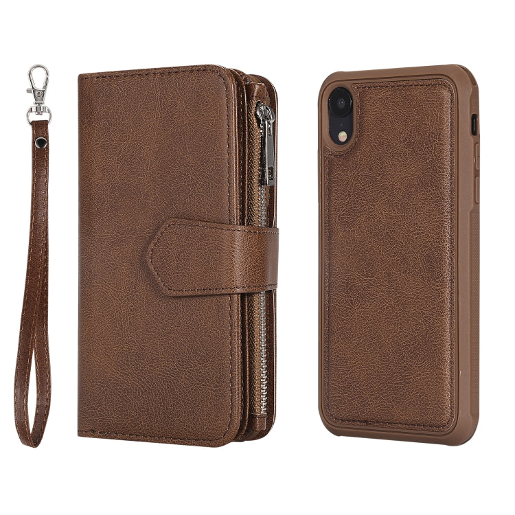 For iPhone XR 2 in 1 Solid Color Zipper Shockproof Protective Case with Card Slots & Bracket & Photo Holder & Wallet Function