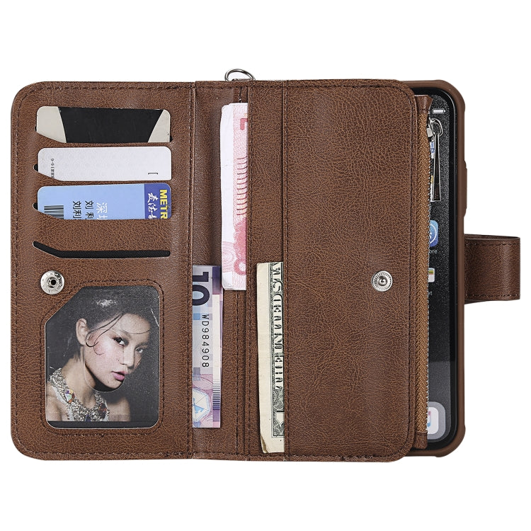 For iPhone XR 2 in 1 Solid Color Zipper Shockproof Protective Case with Card Slots & Bracket & Photo Holder & Wallet Function