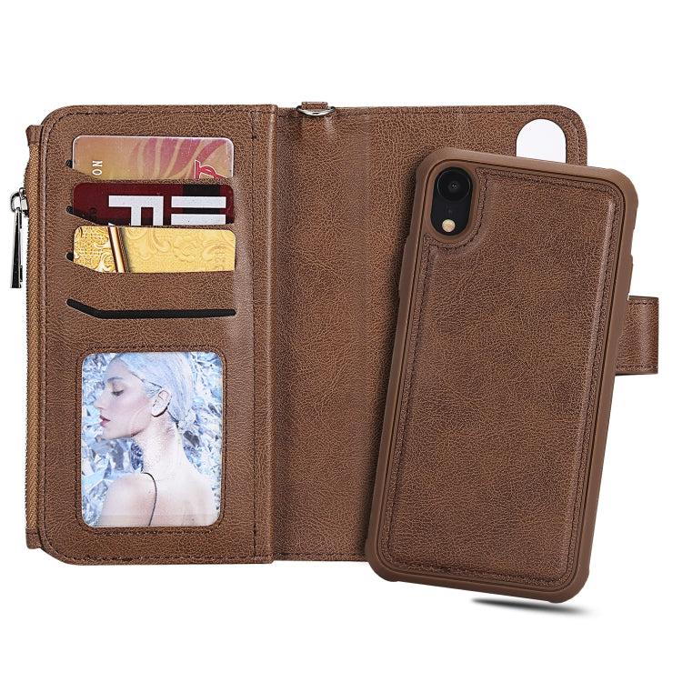 For iPhone XR 2 in 1 Solid Color Zipper Shockproof Protective Case with Card Slots & Bracket & Photo Holder & Wallet Function