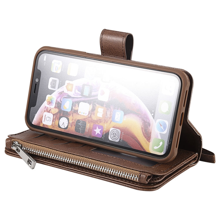 For iPhone XR 2 in 1 Solid Color Zipper Shockproof Protective Case with Card Slots & Bracket & Photo Holder & Wallet Function