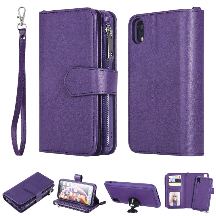 For iPhone XR 2 in 1 Solid Color Zipper Shockproof Protective Case with Card Slots & Bracket & Photo Holder & Wallet Function