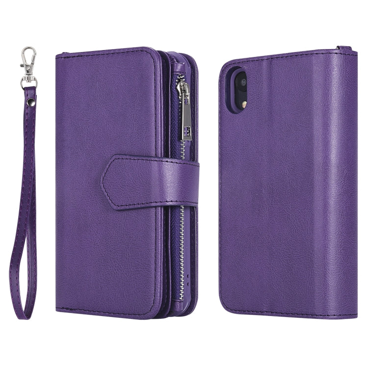 For iPhone XR 2 in 1 Solid Color Zipper Shockproof Protective Case with Card Slots & Bracket & Photo Holder & Wallet Function