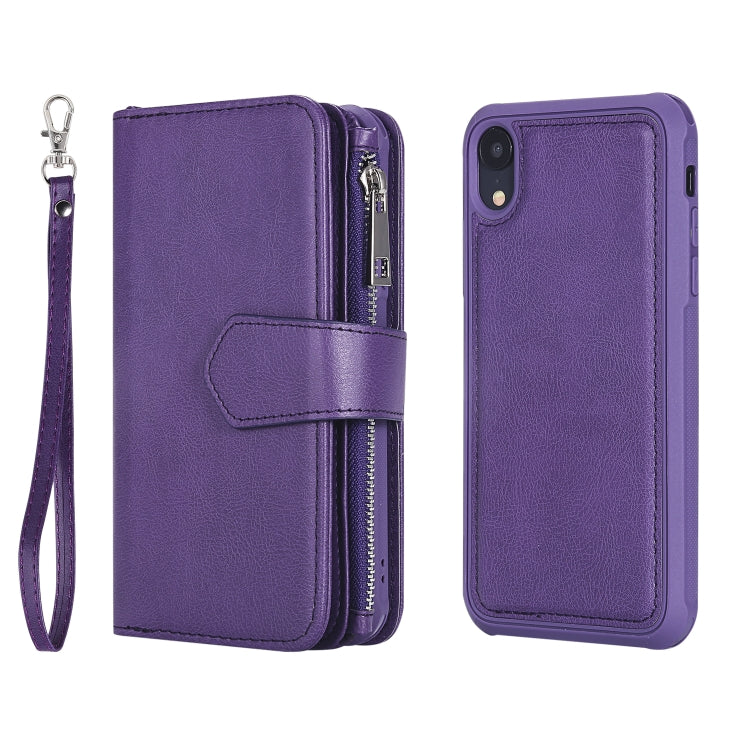 For iPhone XR 2 in 1 Solid Color Zipper Shockproof Protective Case with Card Slots & Bracket & Photo Holder & Wallet Function