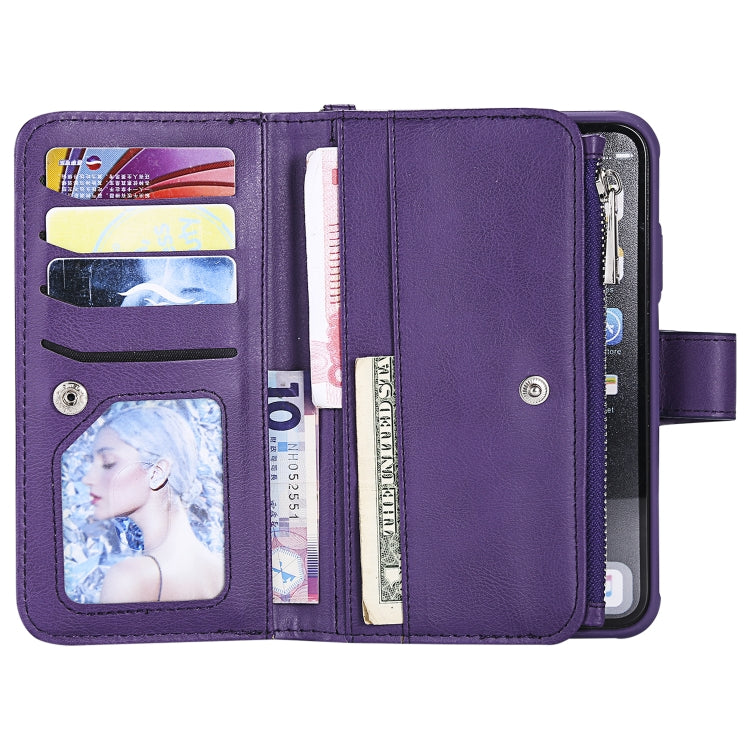 For iPhone XR 2 in 1 Solid Color Zipper Shockproof Protective Case with Card Slots & Bracket & Photo Holder & Wallet Function
