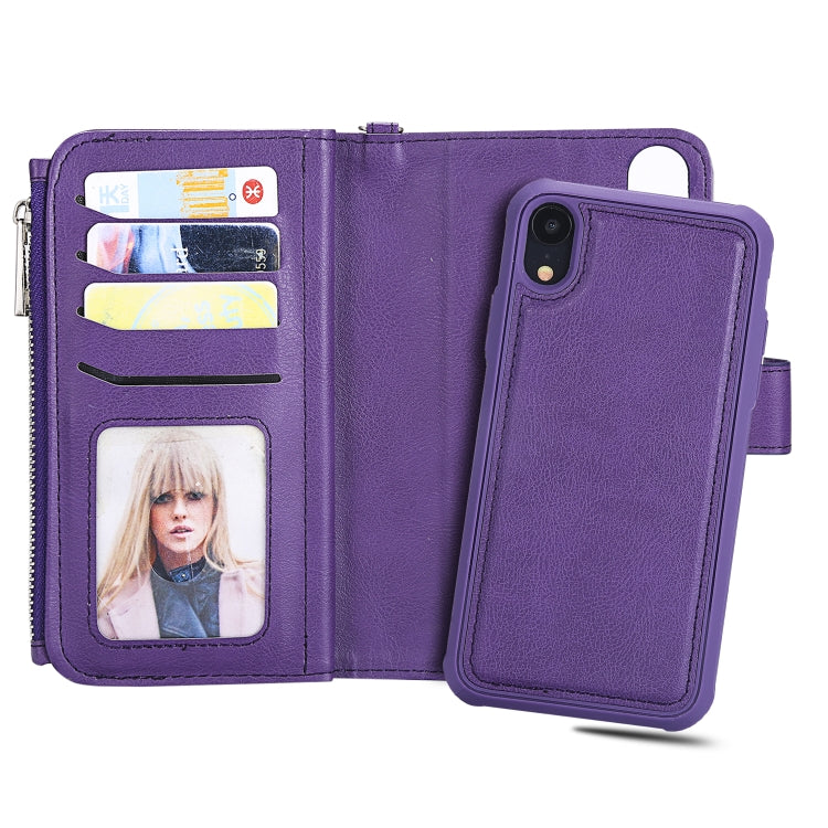 For iPhone XR 2 in 1 Solid Color Zipper Shockproof Protective Case with Card Slots & Bracket & Photo Holder & Wallet Function