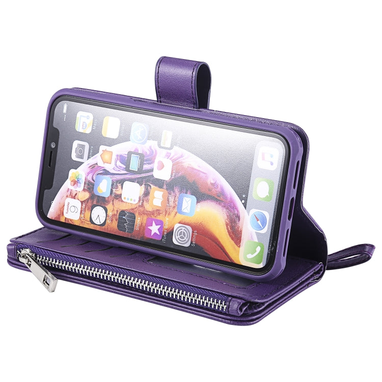 For iPhone XR 2 in 1 Solid Color Zipper Shockproof Protective Case with Card Slots & Bracket & Photo Holder & Wallet Function