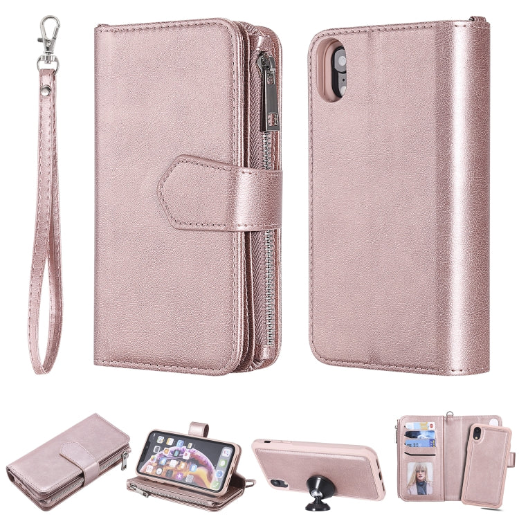 For iPhone XR 2 in 1 Solid Color Zipper Shockproof Protective Case with Card Slots & Bracket & Photo Holder & Wallet Function