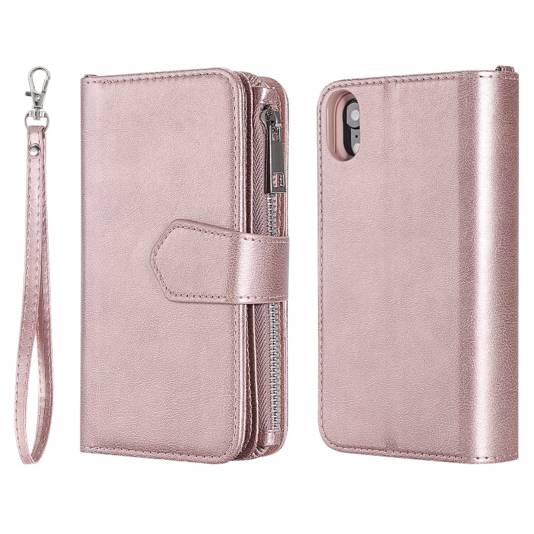 For iPhone XR 2 in 1 Solid Color Zipper Shockproof Protective Case with Card Slots & Bracket & Photo Holder & Wallet Function
