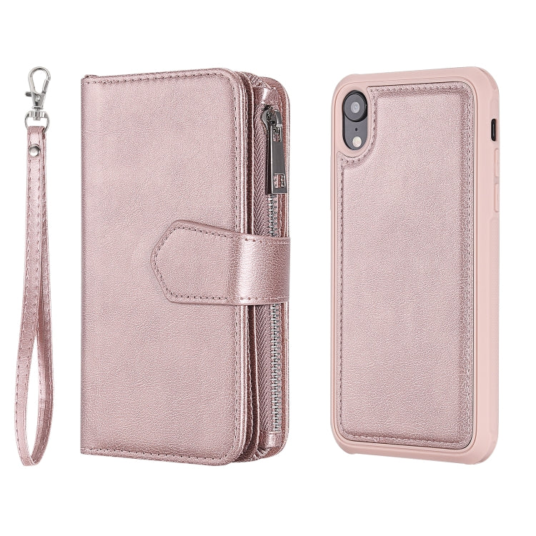 For iPhone XR 2 in 1 Solid Color Zipper Shockproof Protective Case with Card Slots & Bracket & Photo Holder & Wallet Function