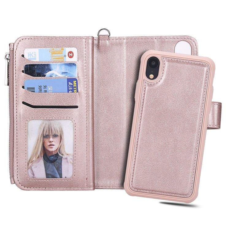 For iPhone XR 2 in 1 Solid Color Zipper Shockproof Protective Case with Card Slots & Bracket & Photo Holder & Wallet Function
