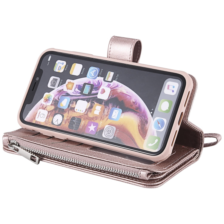 For iPhone XR 2 in 1 Solid Color Zipper Shockproof Protective Case with Card Slots & Bracket & Photo Holder & Wallet Function